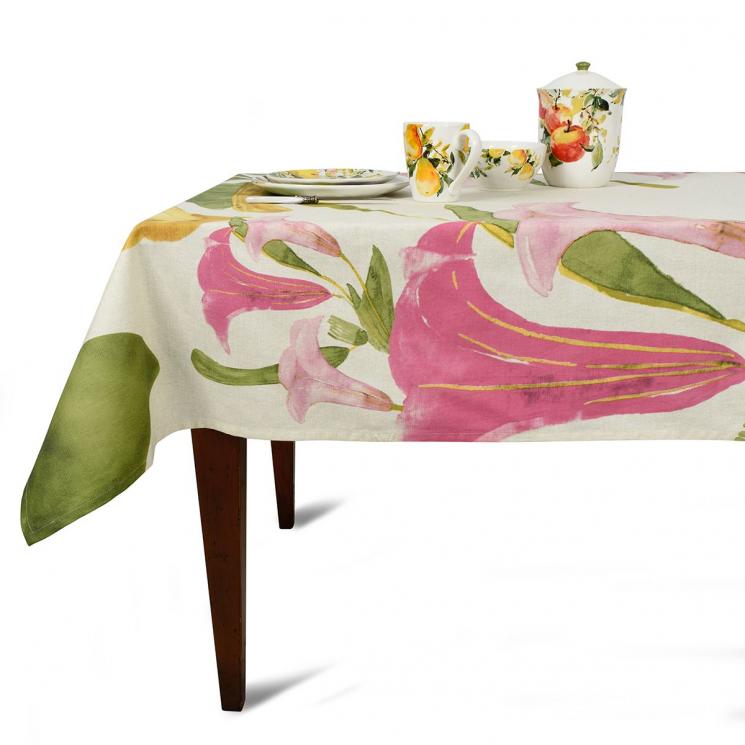 Хлопковая скатерть с цветочным принтом на большой стол "Соцветия Бругмансии" Centrotex - фото