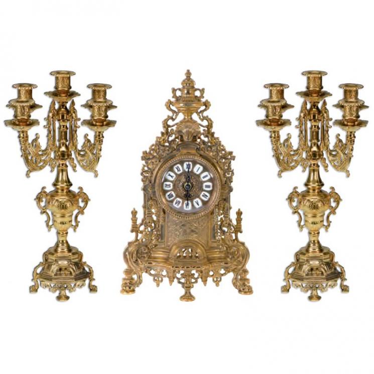 Набор из часов и 2-х канделябров на 5 свечей из латуни цвета античное золото Alberti Livio - фото
