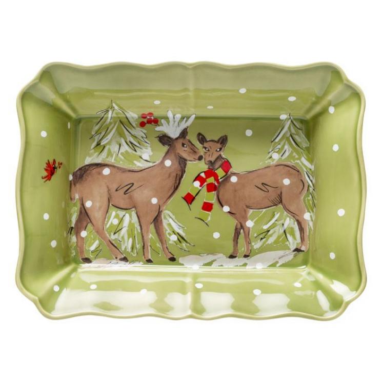 Большая прямоугольная форма для выпекания из керамики зеленого цвета Deer Friends Casafina - фото