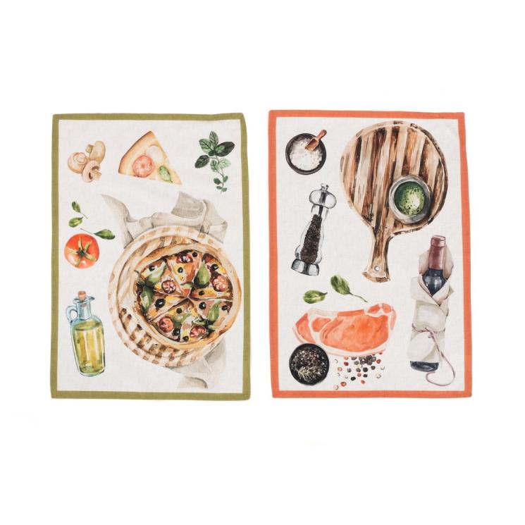 Набор из 2-х кухонных хлопковых полотенец с рисунком пиццы и стейка "Итальянская кухня" Centrotex - фото