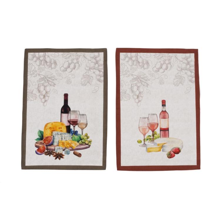 Набор из 2-х кухонных хлопковых полотенец с рисунками вина и сыра "Винный купаж" Centrotex - фото