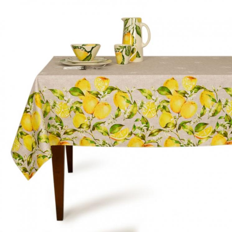 Бежевая влагоотталкивающая скатерть из хлопка с фруктовым рисунком "Лимонный фреш" Villa Grazia Premium - фото