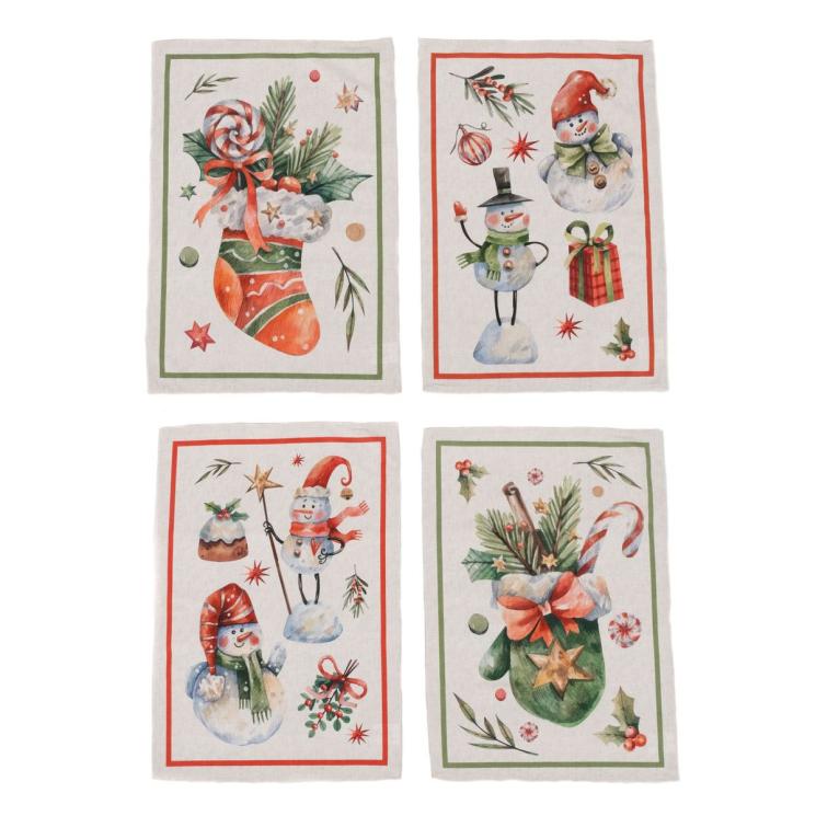 Набор из 4-х кухонных хлопковых полотенец с разными рисунками "Рождественские символы" Centrotex - фото