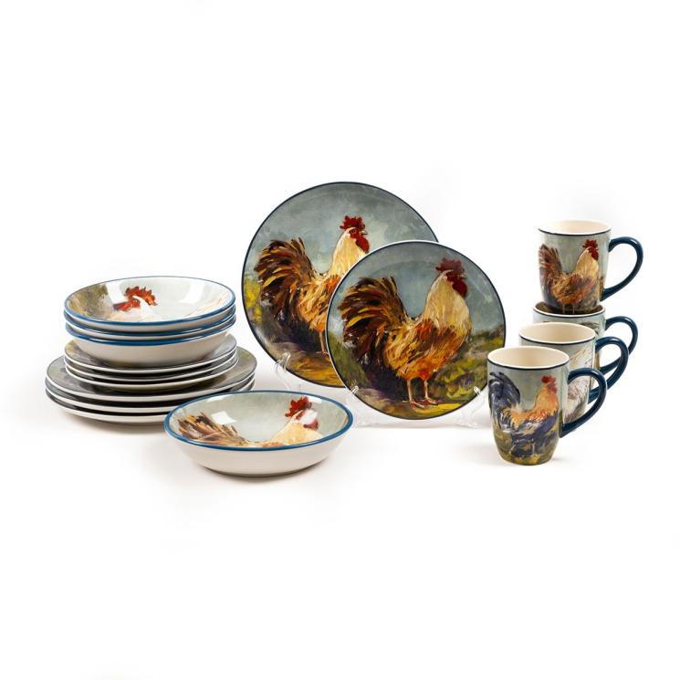 Столовый сервиз с чашками и суповыми тарелками на 4 персоны 16 предметов "Петух на лужайке" Certified International - фото