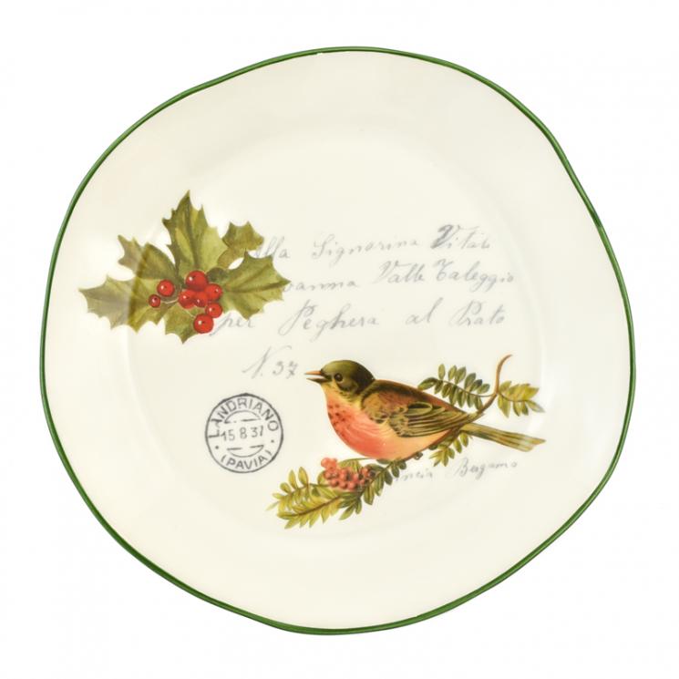 Круглое керамическое блюдо с изображением птицы Робин «Рождественская трель» Villa Grazia - фото
