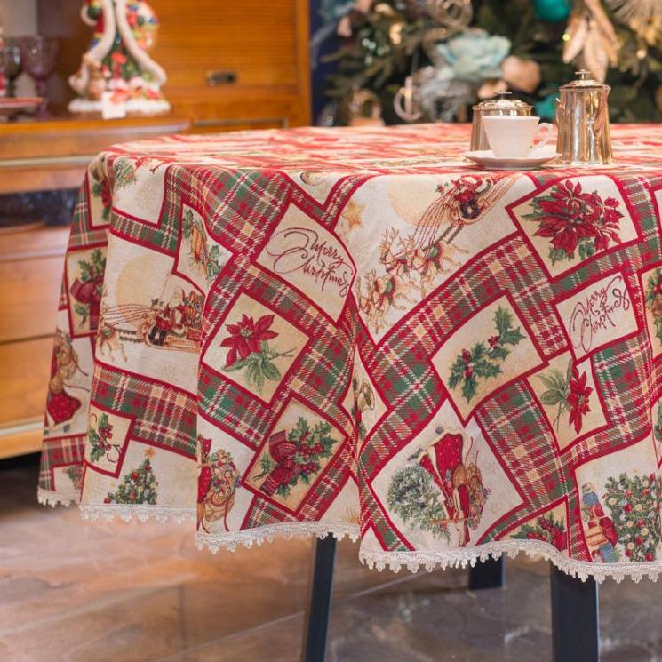 Круглая скатерть из гобелена с открытками на клетчатом фоне "Счастливого Рождества" Emilia Arredamento - фото