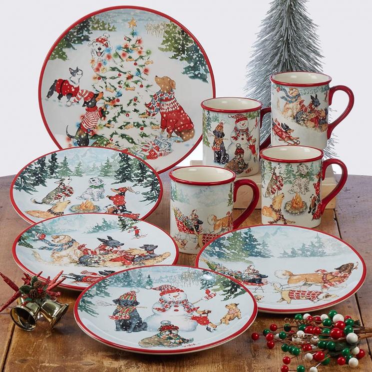 Коллекция керамической посуды с изображениями собак на снегу «Рождественский подарок» Certified International - фото