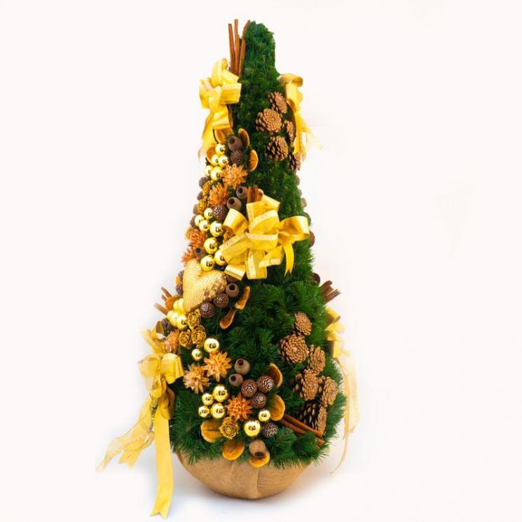 Большая новогодняя ель с золотистым декором, в округлой подставке Villa Grazia - фото