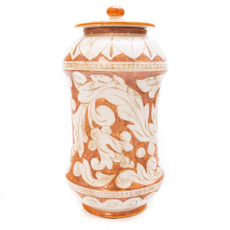 Керамическая ваза, емкость с крышкой, украшенная рельефной росписью, Scalfito L´Antica Deruta - фото