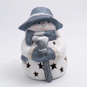 Статуэтка LED «Снеговик в серебристой шляпе с метлой»