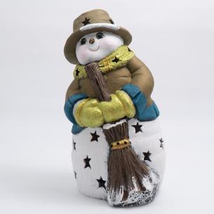 Статуэтка LED «Снеговик с метлой в бронзовой шляпке»