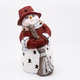 Статуэтка LED «Снеговик в красной шляпе с метлой»