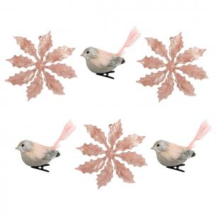 Набор из 6-ти розовых игрушек в форме птиц и пуансеттии