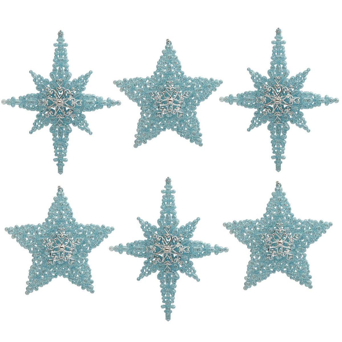 Набір із 6-ти різьблених ялинкових іграшок у вигляді блакитних зірок