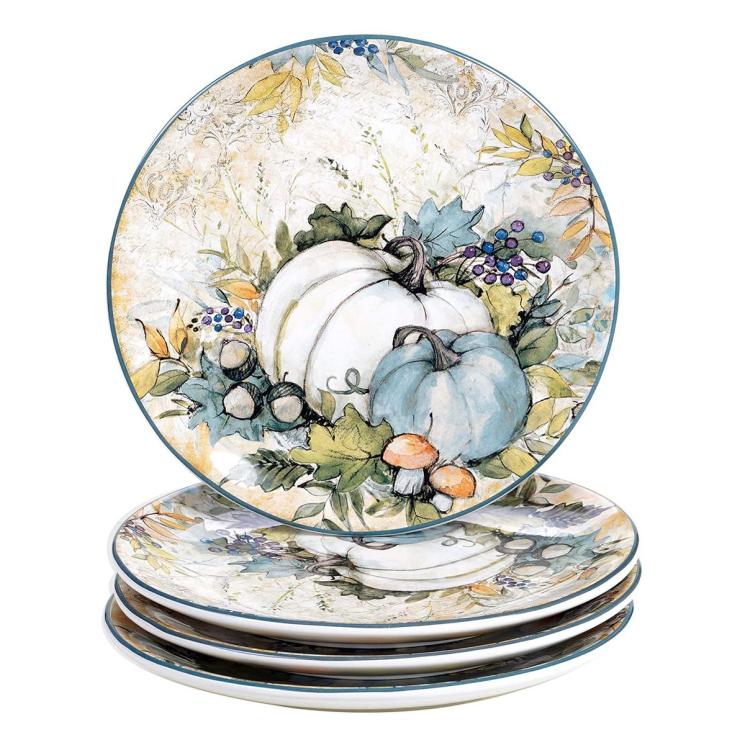 Керамічні салатні тарілки з малюнком гарбузів, грибів та жолудів 4 шт. "Щедрий урожай" Certified International - фото