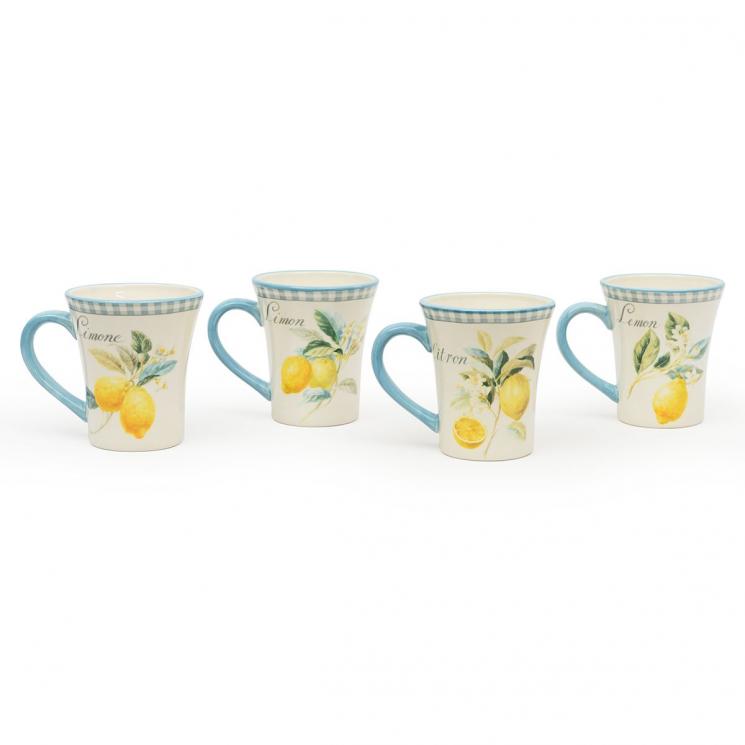 Набір із 4-х великих чайних чашок із кераміки з блакитними ручками "Стиглий лимон" Certified International - фото