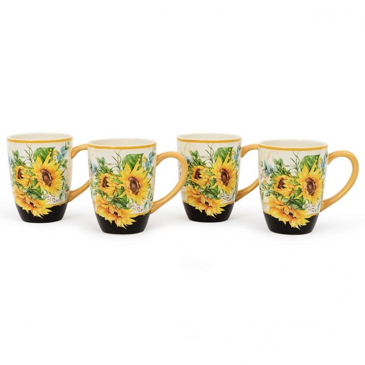 Керамічні кружки для чаю з малюнком літніх кольорів, набір 4 шт. "Букет соняшників" Certified International - фото