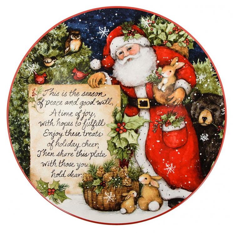 Кругла керамічна таріль зі святковим малюнком "Різдво з Сантою" Certified International - фото