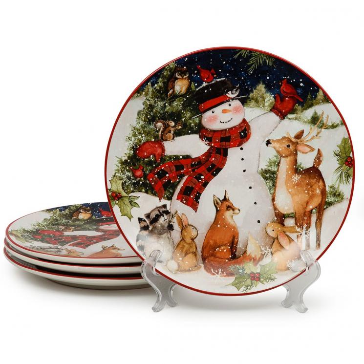 Набір з 4-х обідніх тарілок зі святковим малюнком "Різдво зі сніговиком" Certified International - фото