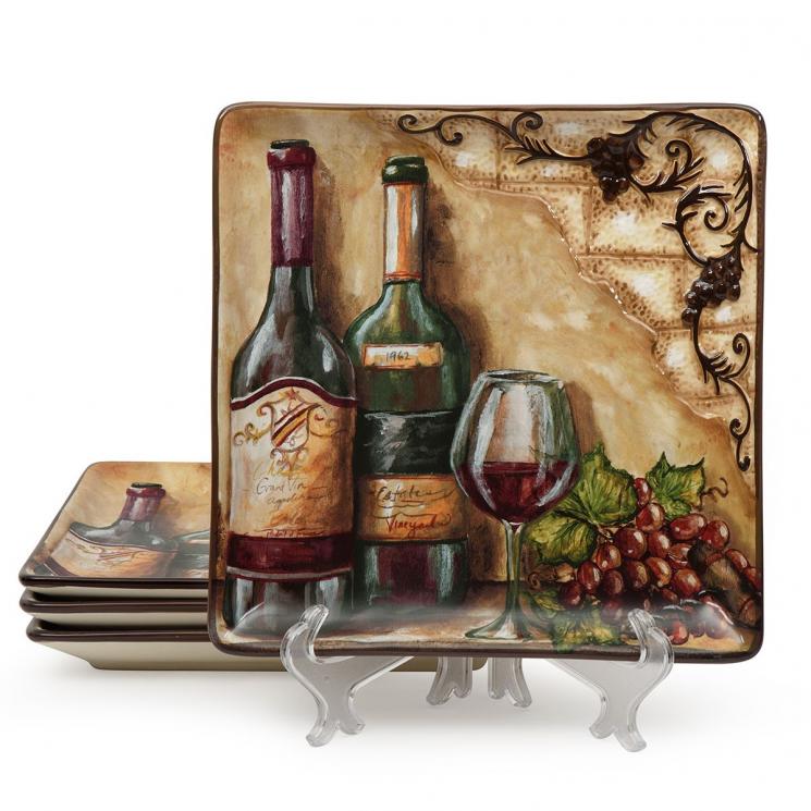 Квадратні обідні тарілки із зображенням вина, набір 4 шт. "Тосканський натюрморт" Certified International - фото