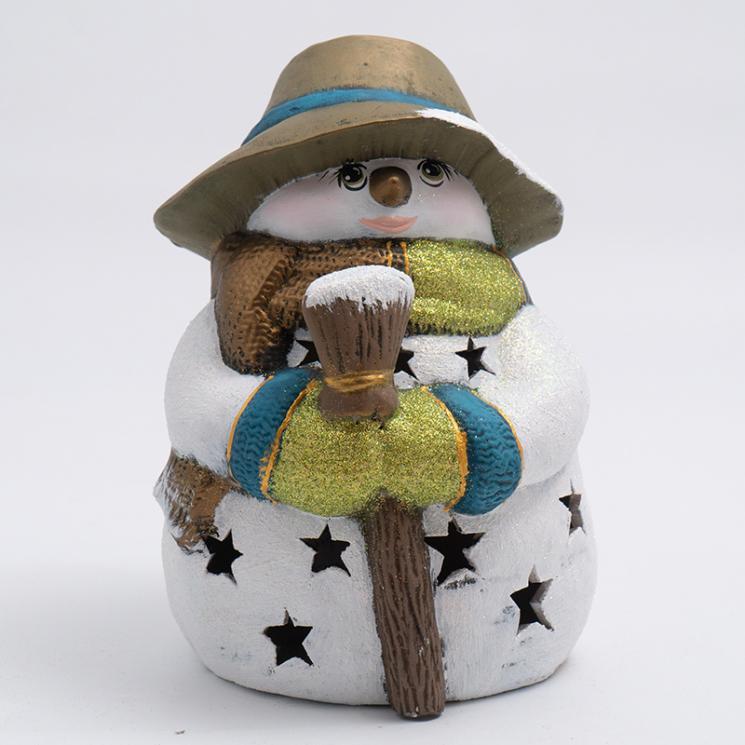 Новорічна статуетка з LED-підсвічуванням «Сніговик у бронзовому капелюсі з мітлою» Villa Grazia - фото