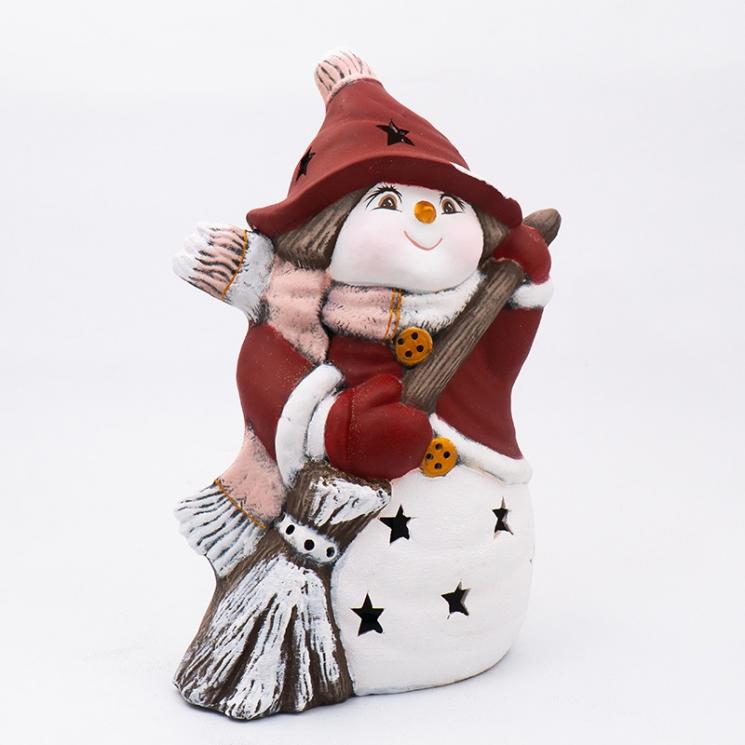 Статуетка з LED-підсвічуванням «Сніговик у червоному ковпачку з мітлою» Villa Grazia - фото