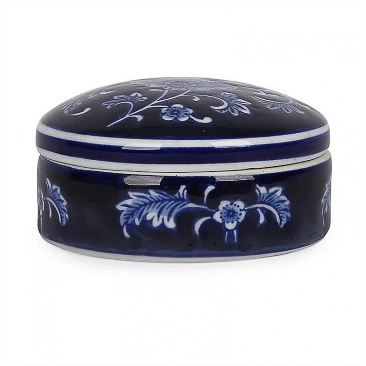 Синя італійська порцелянова скринька з квітковим візерунком - фото