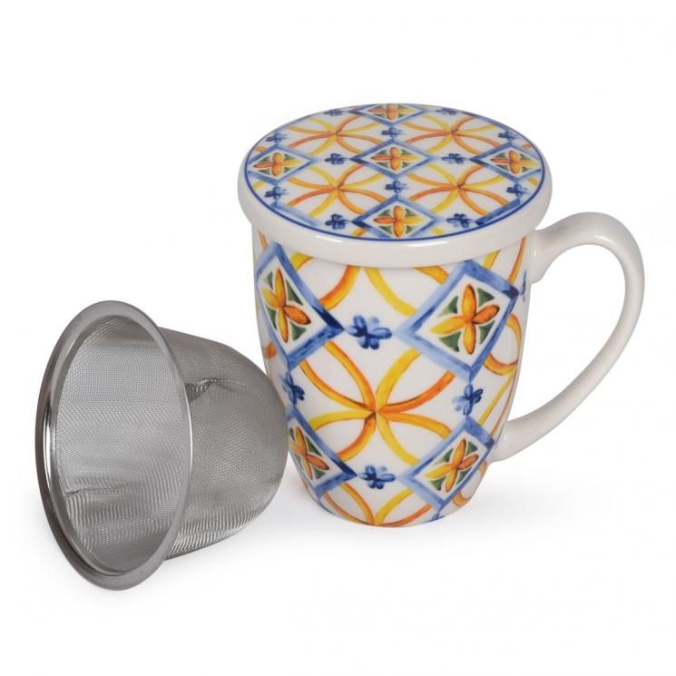 Чашка порцелянова з кришкою та ситечком з синіми ромбами Medicea Brandani - фото