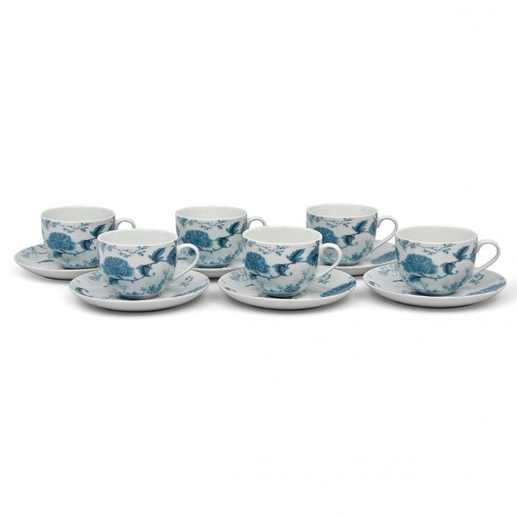 Невеликі чайні чашки із блюдцями з флористичним візерунком, набір 6 шт. "Блакитний дракон" Maison - фото