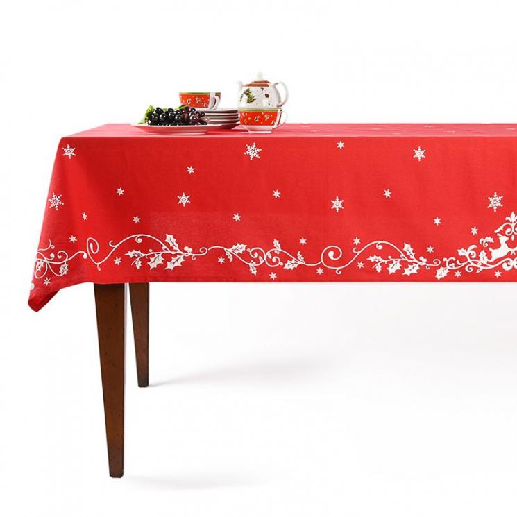 Скатертина бавовняна червона з білими сніжинками для новорічного столу Holly Centrotex - фото