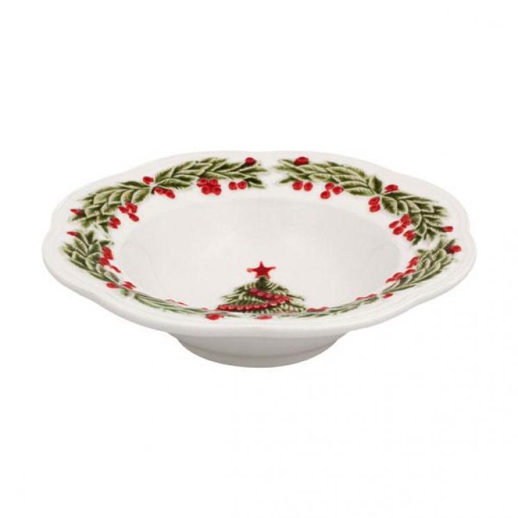 Новорічна супова тарілка білого кольору з об'ємним декором із вінка та ялинки "Різдво" Bordallo - фото