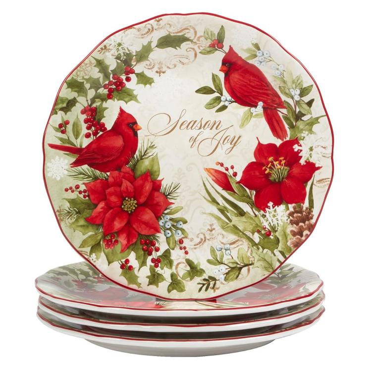 Набір з 4-х новорічних обідніх тарілок декорованих пуансетіями та птахами кардинал "Зимовий сад" Certified International - фото