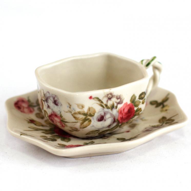 Кавова чашка з блюдцем із квітковим малюнком у стилі Прованс Royal Family - фото