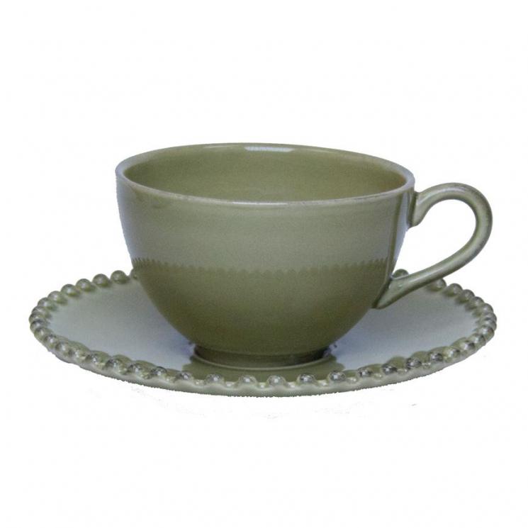 Чайна чашка із блюдцем оливкового кольору Pearl Costa Nova - фото