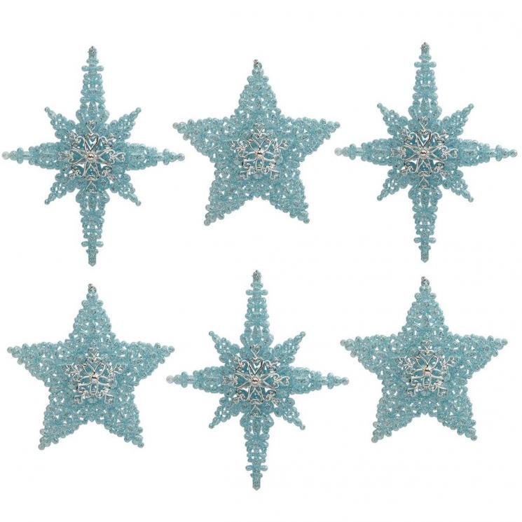 Набір із 6-ти різьблених ялинкових іграшок у вигляді блакитних зірок EDG - фото