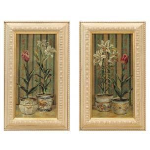 Набір з 2-х картин у світлій рамі з різьбленням "Квіти"