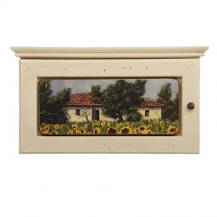 Ключниця настінна біла з пейзажем "Будинки та соняшники"